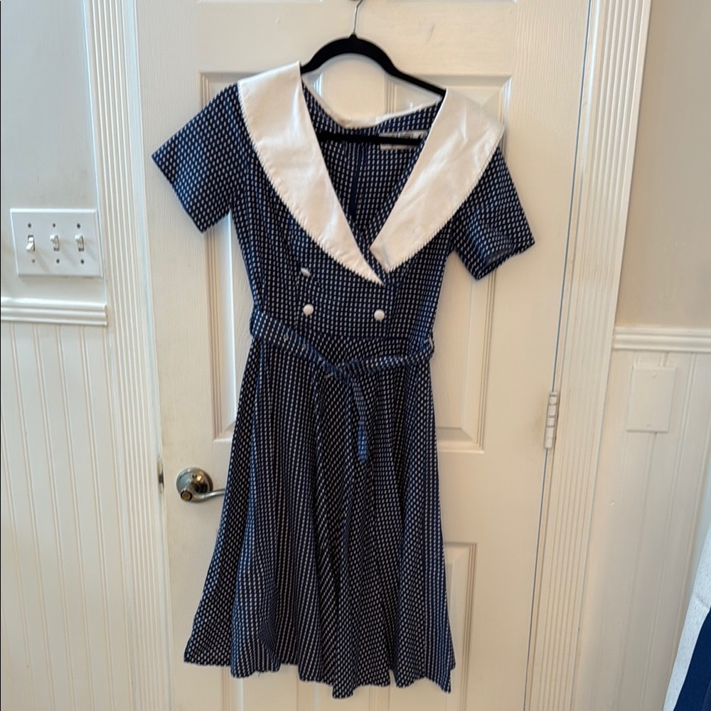 Hell Bunny Blue and White Fit and Flare Dress with Sailor Collar